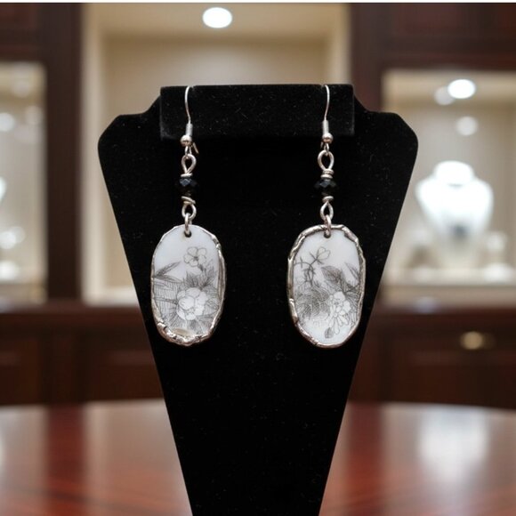 Hand Crafted Jewelry - Florentine Sango Broken China Earrings - Vintage Floral Sterling Silver Dangles